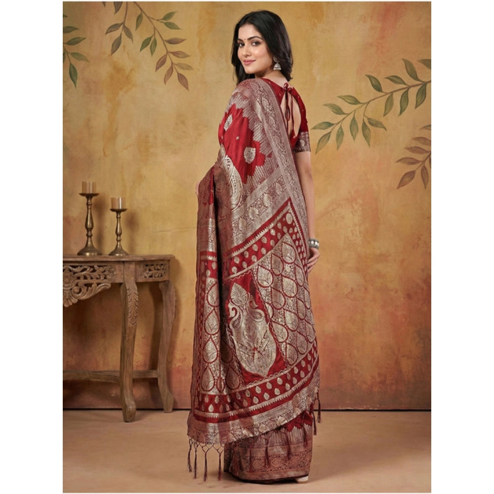 Women's Silk Blend Printed Saree With Unstitched Blouse 5.5Mtr (Maroon) - VANSHELLE