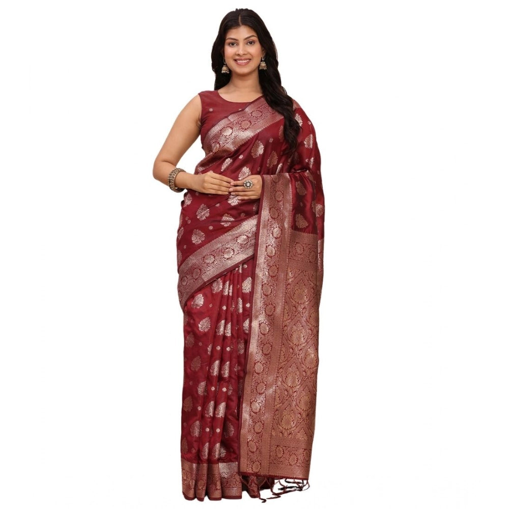 Women's Banarasi Silk Printed Saree With Unstitched Blouse 5.5Mtr (Maroon) - VANSHELLE