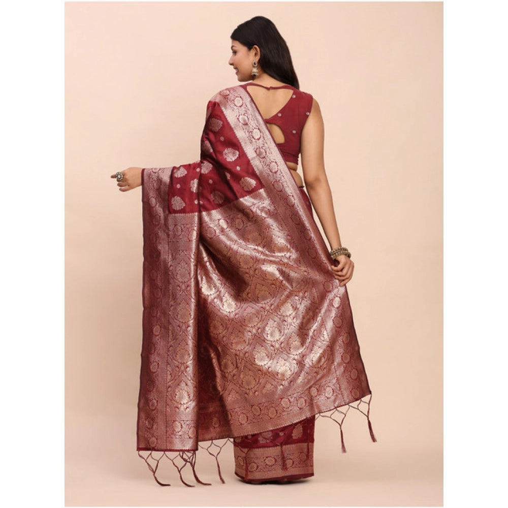 Women's Banarasi Silk Printed Saree With Unstitched Blouse 5.5Mtr (Maroon) - VANSHELLE