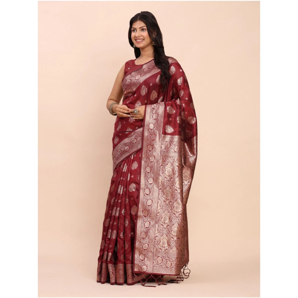 Women's Banarasi Silk Printed Saree With Unstitched Blouse 5.5Mtr (Maroon) - VANSHELLE