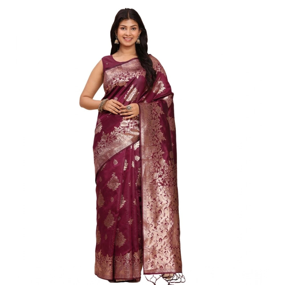 Women's Banarasi Silk Printed Saree With Unstitched Blouse 5.5Mtr (Purple) - VANSHELLE