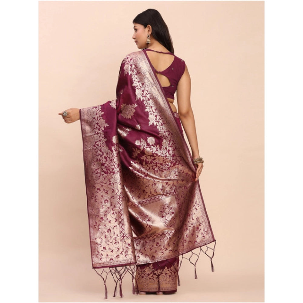 Women's Banarasi Silk Printed Saree With Unstitched Blouse 5.5Mtr (Purple) - VANSHELLE