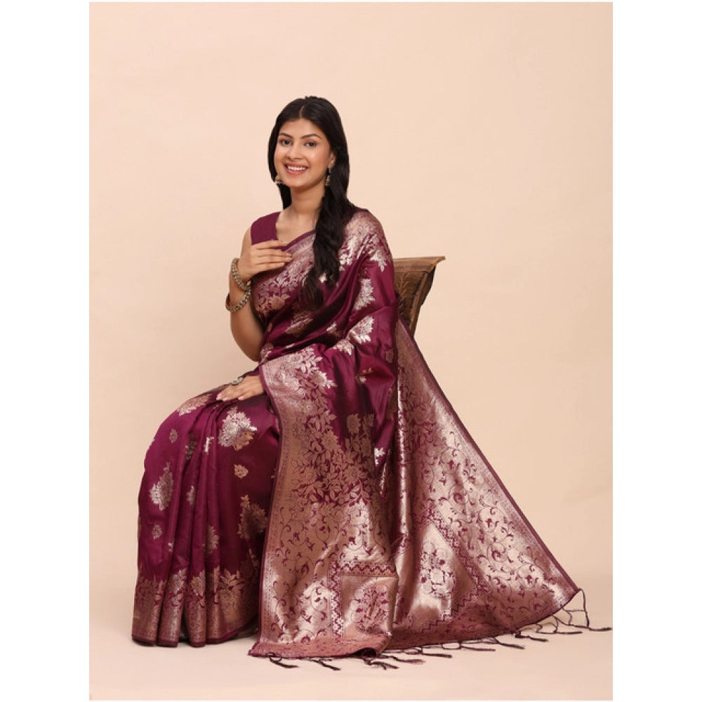 Women's Banarasi Silk Printed Saree With Unstitched Blouse 5.5Mtr (Purple) - VANSHELLE