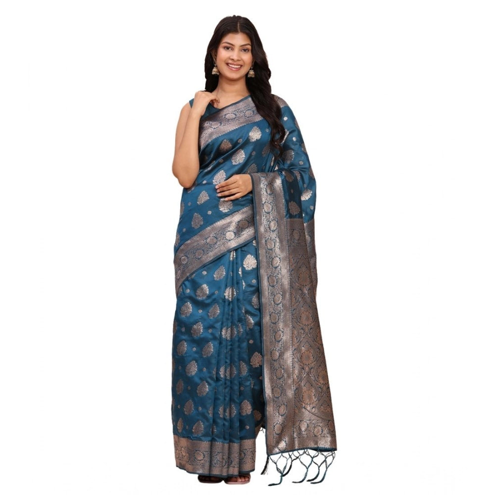 Women's Banarasi Silk Printed Saree With Unstitched Blouse 5.5Mtr (Teal Blue) - VANSHELLE
