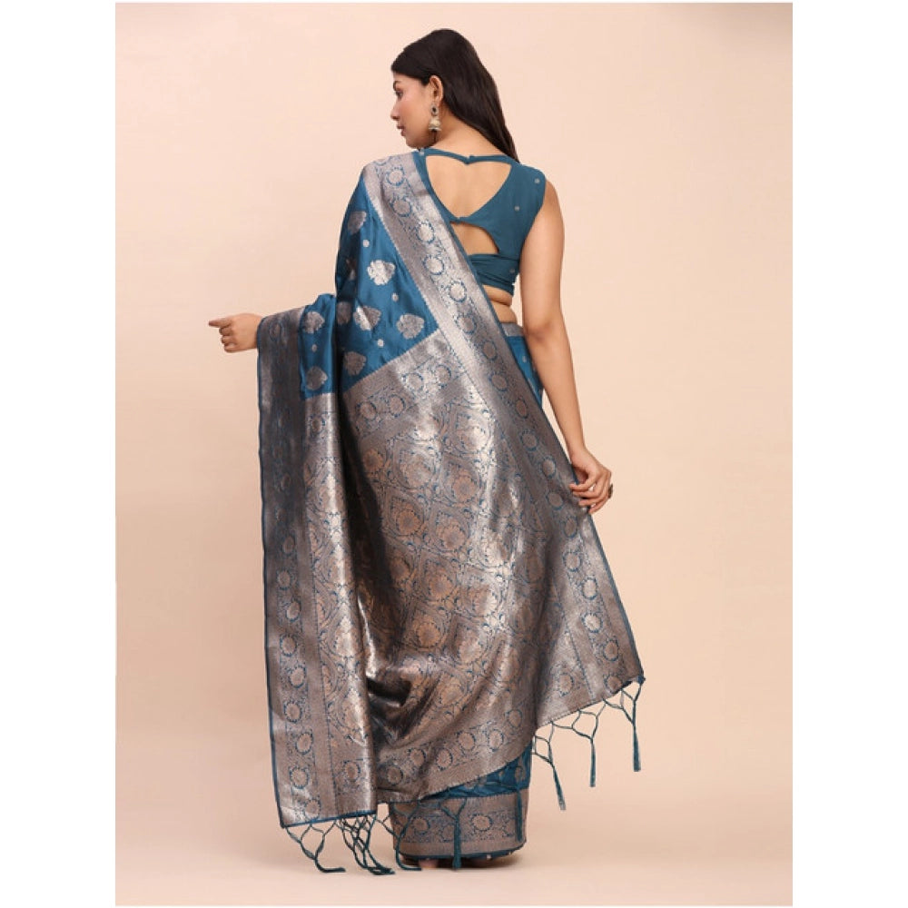 Women's Banarasi Silk Printed Saree With Unstitched Blouse 5.5Mtr (Teal Blue) - VANSHELLE