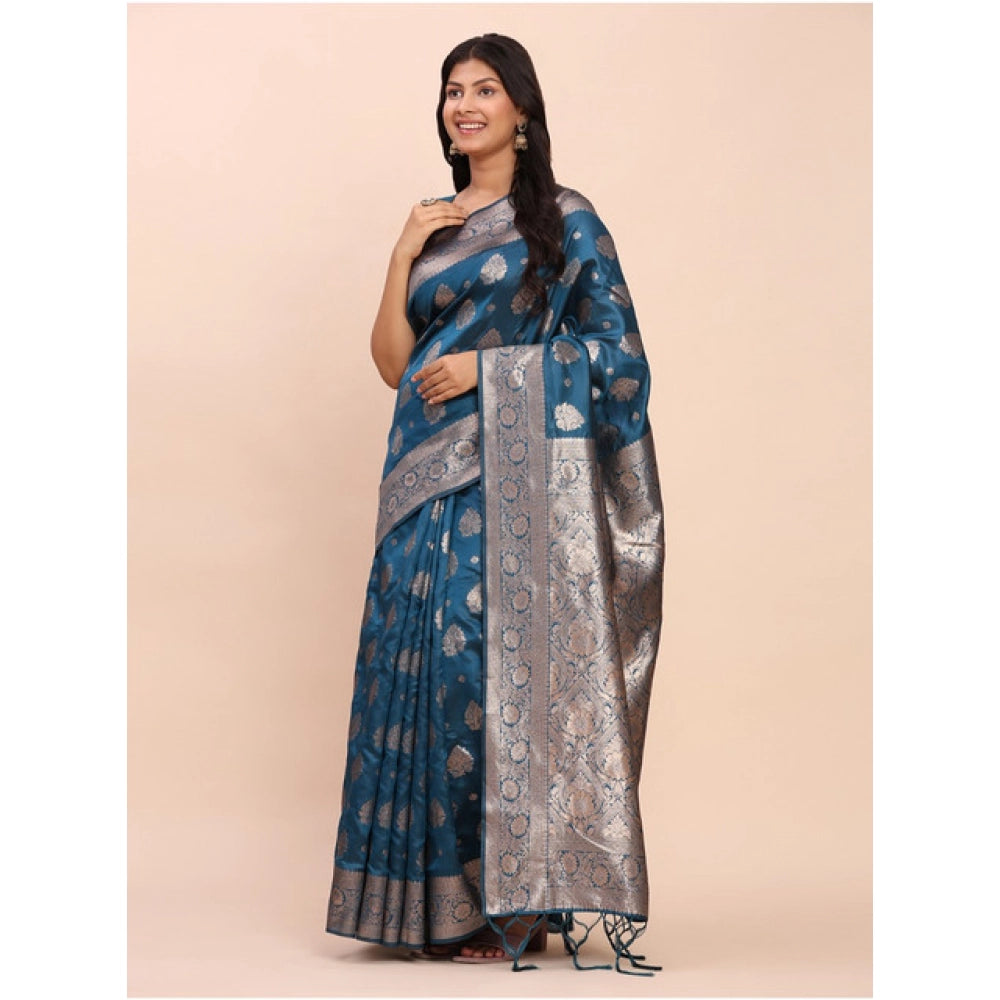 Women's Banarasi Silk Printed Saree With Unstitched Blouse 5.5Mtr (Teal Blue) - VANSHELLE