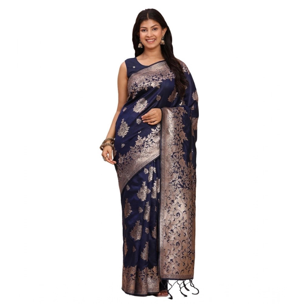 Women's Banarasi Silk Printed Saree With Unstitched Blouse 5.5Mtr (Navy Blue) - VANSHELLE