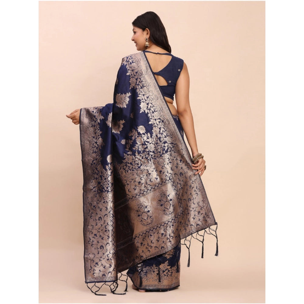 Women's Banarasi Silk Printed Saree With Unstitched Blouse 5.5Mtr (Navy Blue) - VANSHELLE