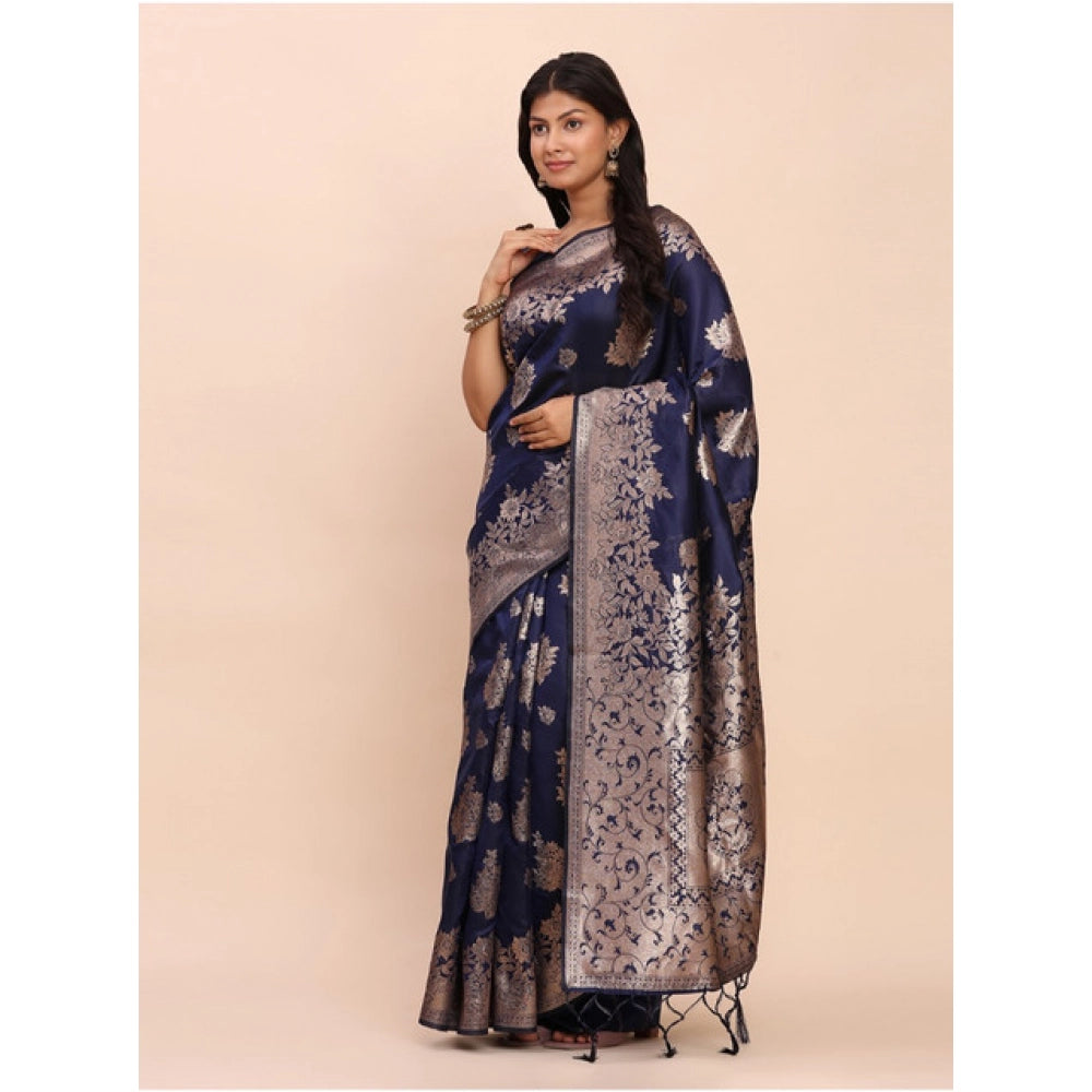 Women's Banarasi Silk Printed Saree With Unstitched Blouse 5.5Mtr (Navy Blue) - VANSHELLE