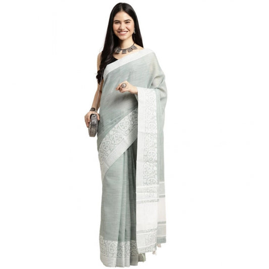 Women's Linen Printed Saree With Unstitched Blouse 5.5Mtr (Sea Green) - VANSHELLE