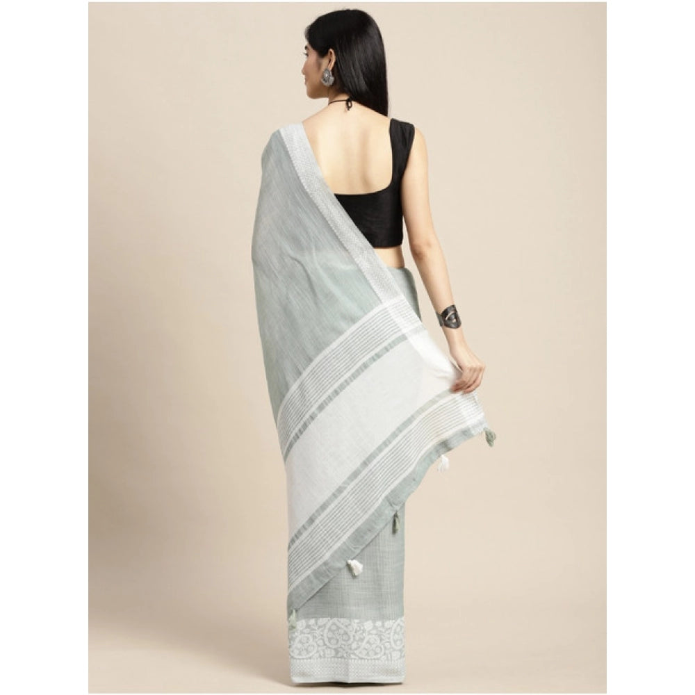 Women's Linen Printed Saree With Unstitched Blouse 5.5Mtr (Sea Green) - VANSHELLE