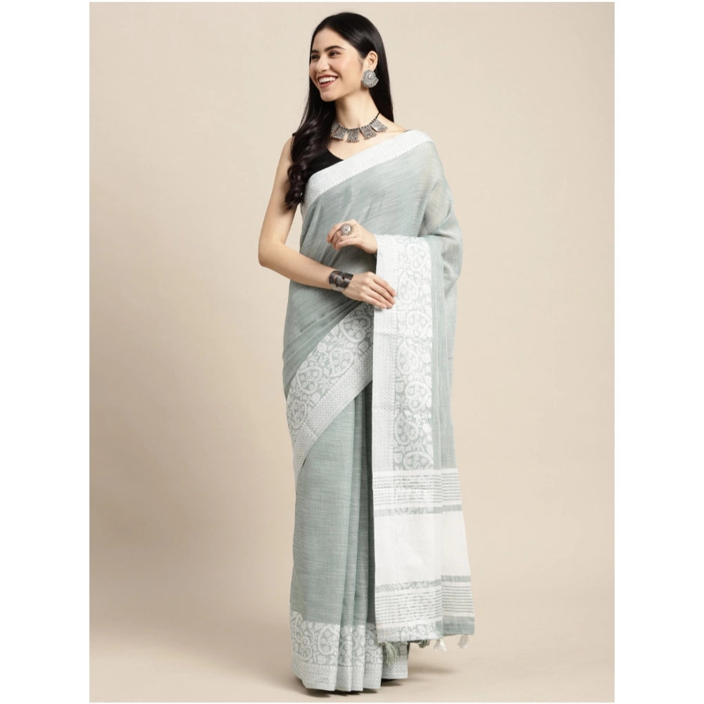 Women's Linen Printed Saree With Unstitched Blouse 5.5Mtr (Sea Green) - VANSHELLE
