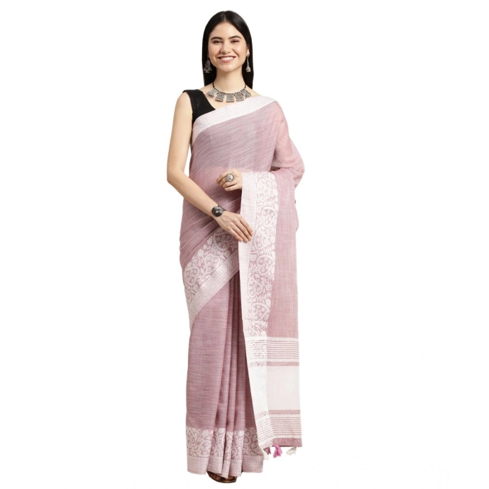 Women's Linen Printed Saree With Unstitched Blouse 5.5Mtr (Purple) - VANSHELLE