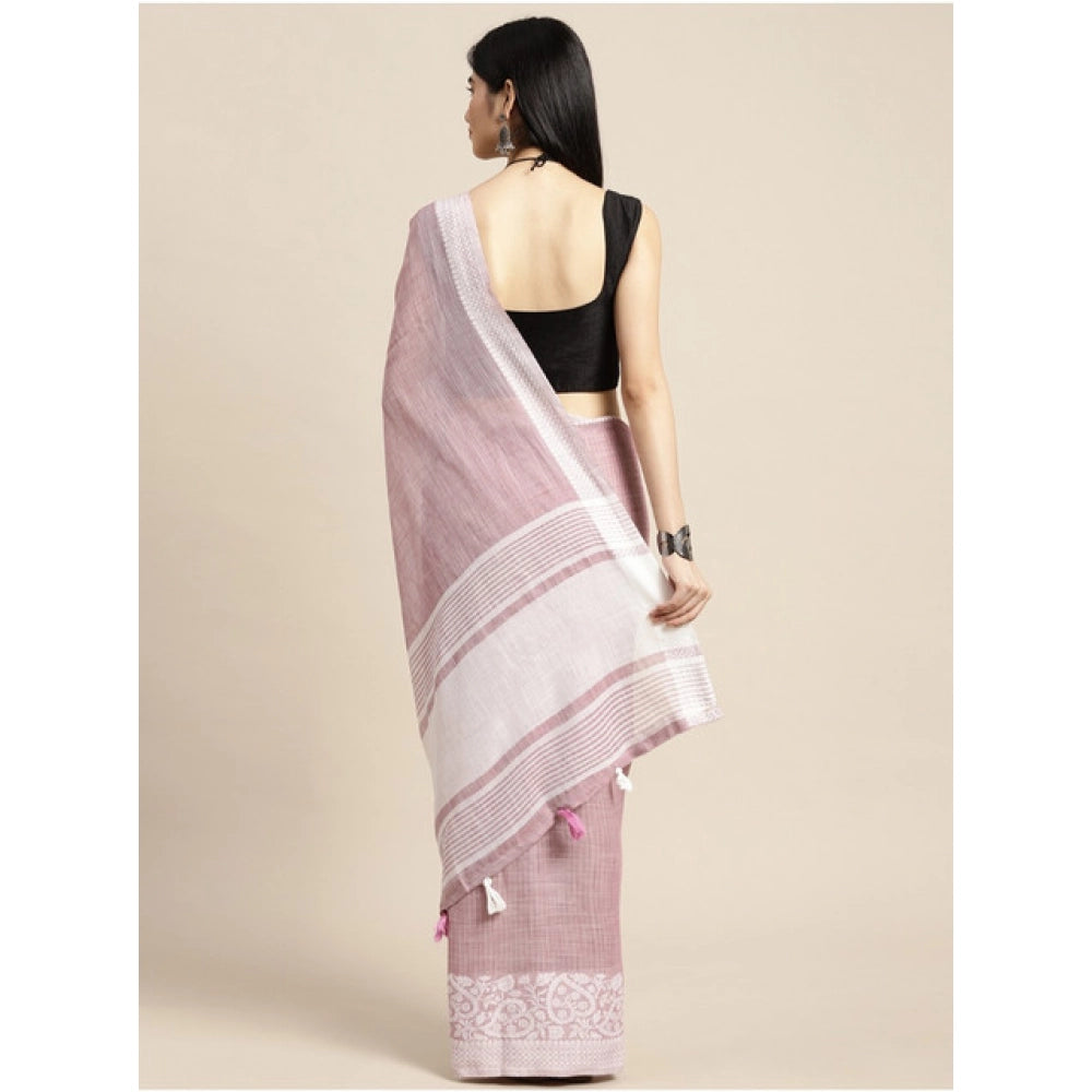 Women's Linen Printed Saree With Unstitched Blouse 5.5Mtr (Purple) - VANSHELLE