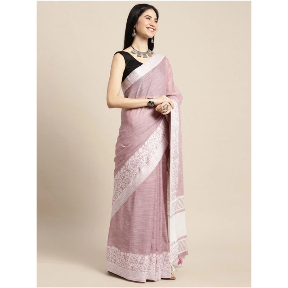 Women's Linen Printed Saree With Unstitched Blouse 5.5Mtr (Purple) - VANSHELLE