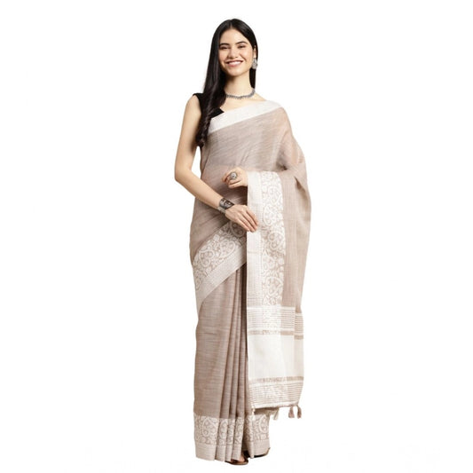 Women'S Linen Printed Saree With Unstitched Blouse 5.5Mtr (Bei