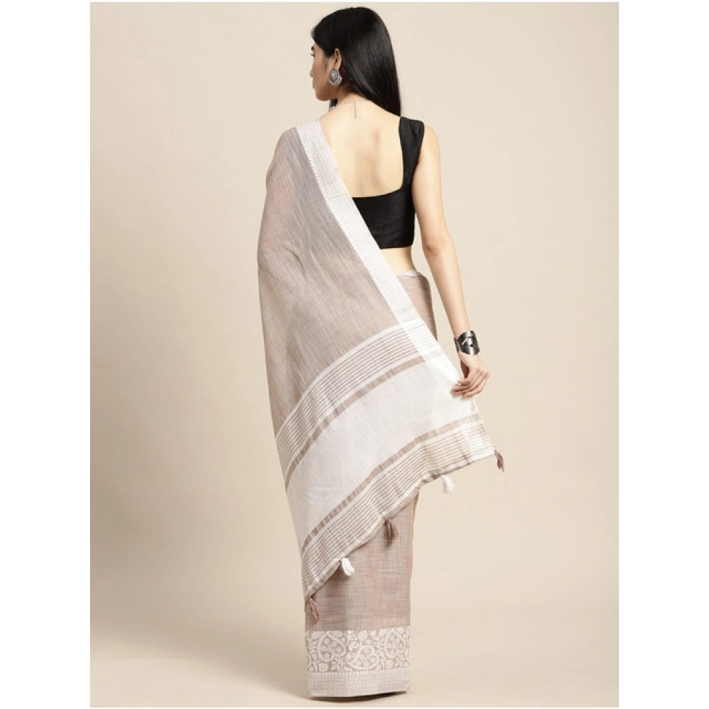 Women'S Linen Printed Saree With Unstitched Blouse 5.5Mtr (Bei