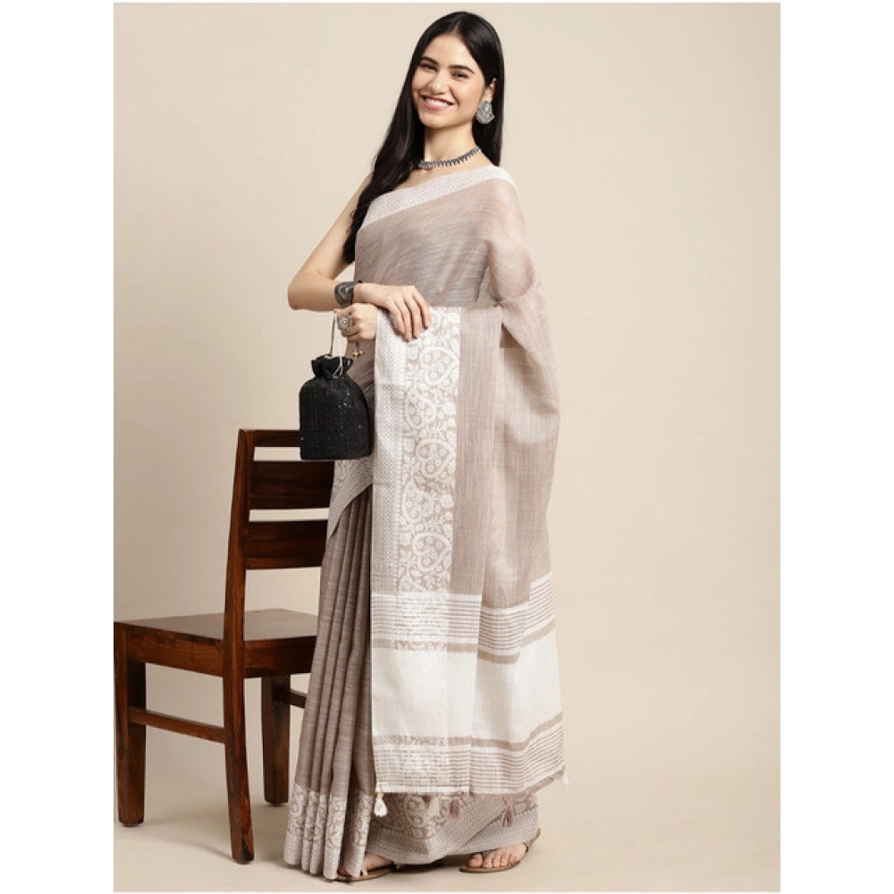 Women'S Linen Printed Saree With Unstitched Blouse 5.5Mtr (Bei