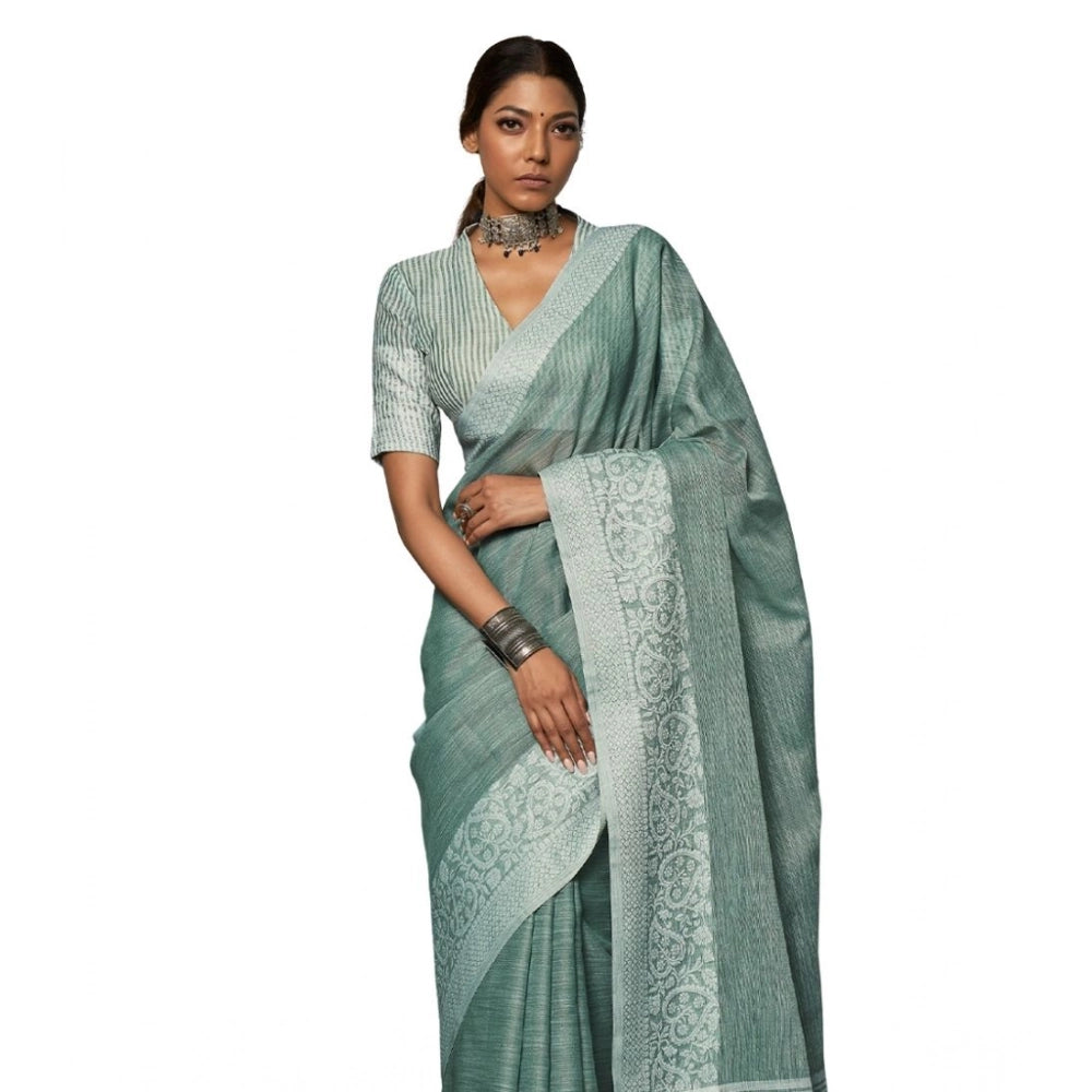 Women's Linen Printed Saree With Unstitched Blouse 5.5Mtr (Sea Green) - VANSHELLE