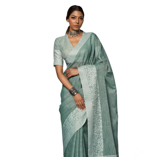 Women's Linen Printed Saree With Unstitched Blouse 5.5Mtr (Sea Green) - VANSHELLE