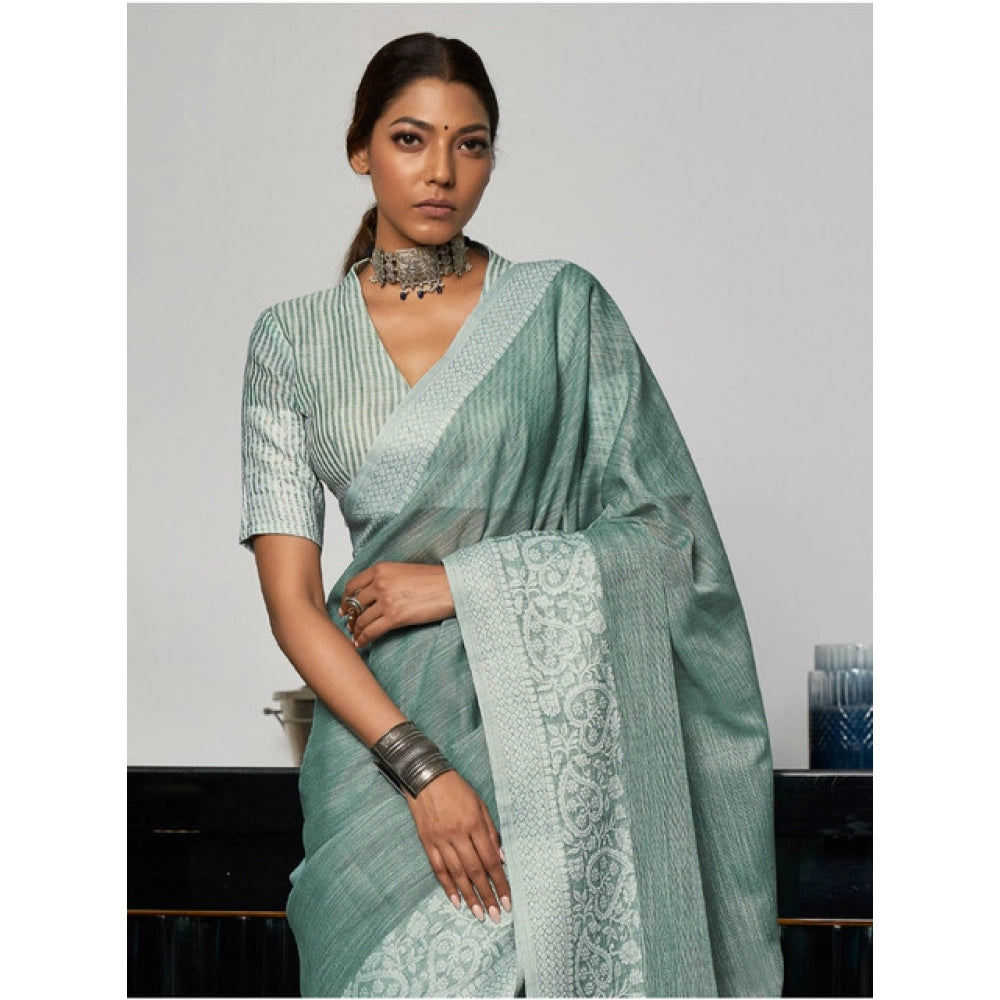 Women's Linen Printed Saree With Unstitched Blouse 5.5Mtr (Sea Green) - VANSHELLE