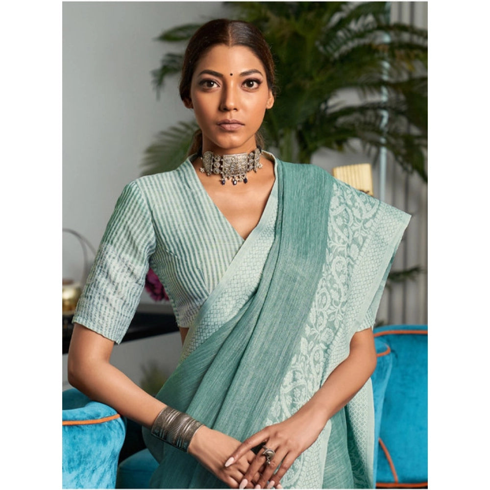 Women's Linen Printed Saree With Unstitched Blouse 5.5Mtr (Sea Green) - VANSHELLE