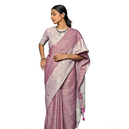 Women's Linen Printed Saree With Unstitched Blouse 5.5Mtr (Purple) - VANSHELLE