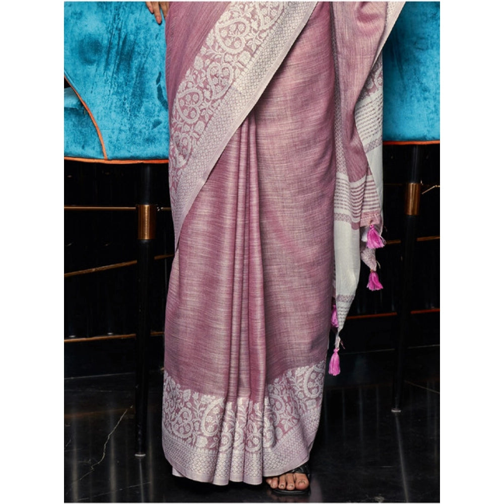 Women's Linen Printed Saree With Unstitched Blouse 5.5Mtr (Purple) - VANSHELLE