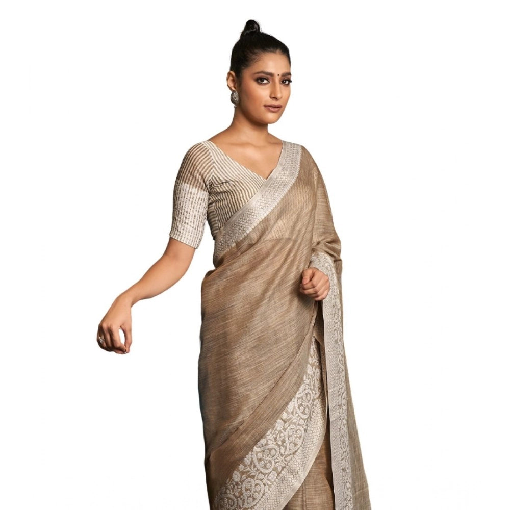 Women's Linen Printed Saree With Unstitched Blouse 5.5Mtr (Beige) - VANSHELLE