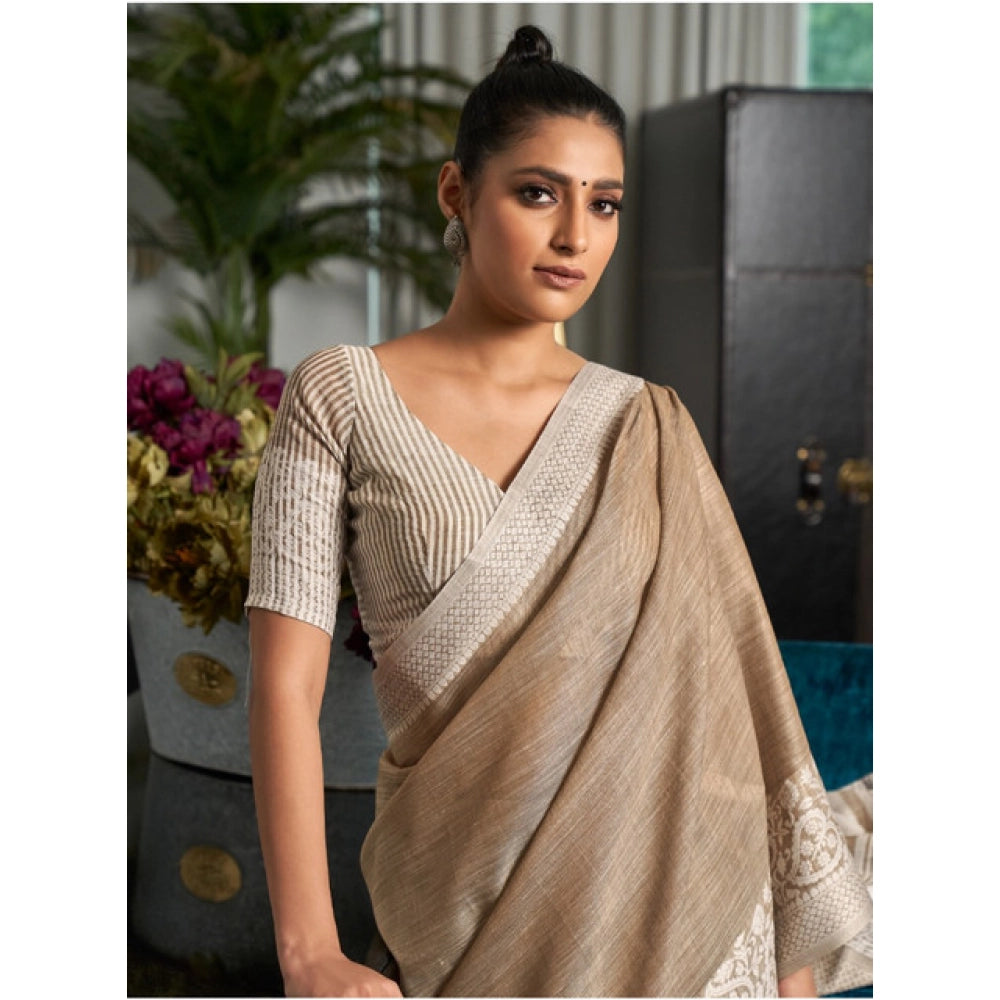 Women's Linen Printed Saree With Unstitched Blouse 5.5Mtr (Beige) - VANSHELLE