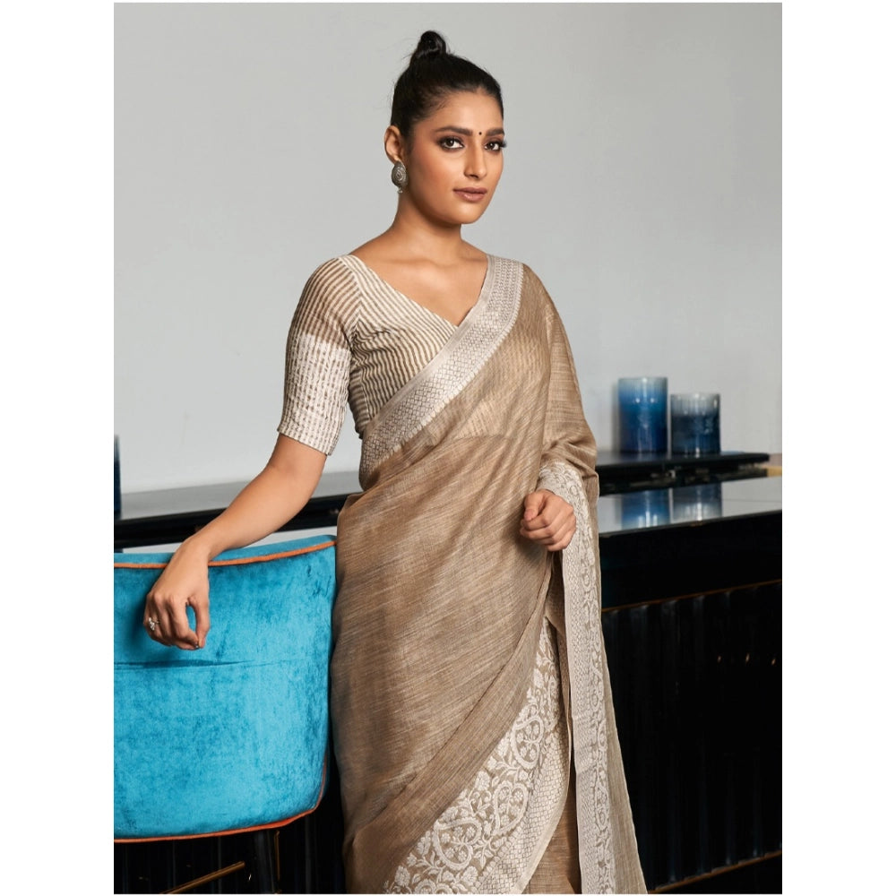 Women's Linen Printed Saree With Unstitched Blouse 5.5Mtr (Beige) - VANSHELLE