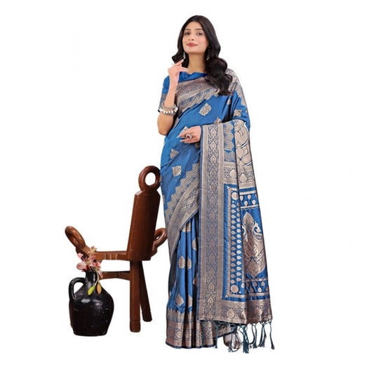 Women'S Silk Printed Saree With Unstitched Blouse 5.5Mtr (Sky