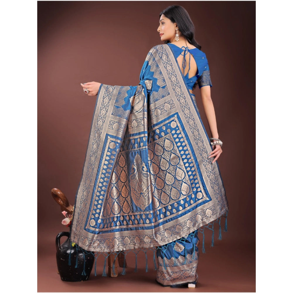 Women'S Silk Printed Saree With Unstitched Blouse 5.5Mtr (Sky