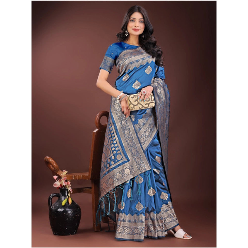 Women'S Silk Printed Saree With Unstitched Blouse 5.5Mtr (Sky