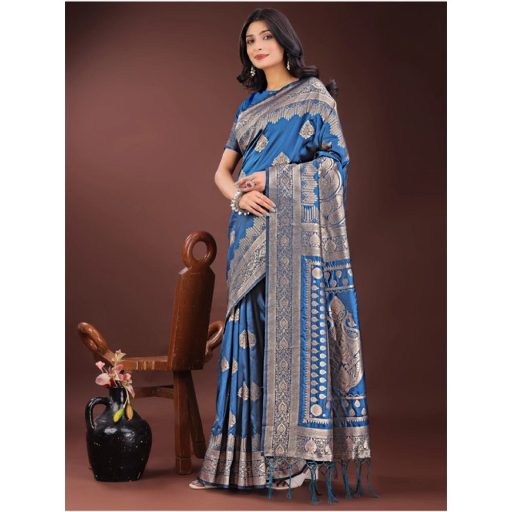 Women'S Silk Printed Saree With Unstitched Blouse 5.5Mtr (Sky