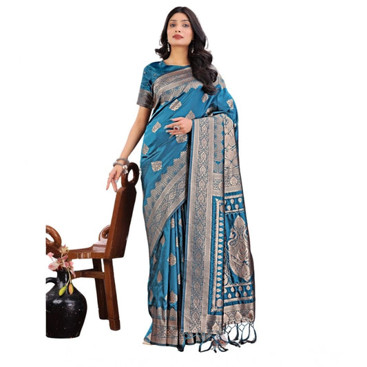 Women'S Silk Printed Saree With Unstitched Blouse 5.5Mtr (Teal