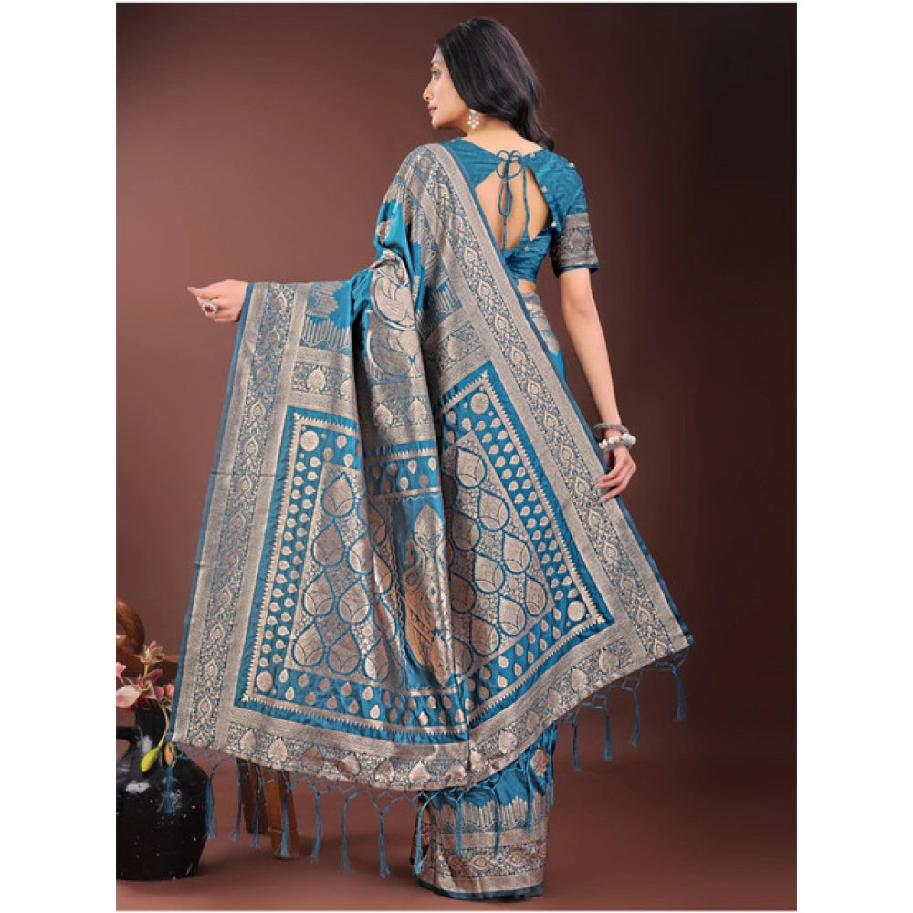 Women'S Silk Printed Saree With Unstitched Blouse 5.5Mtr (Teal