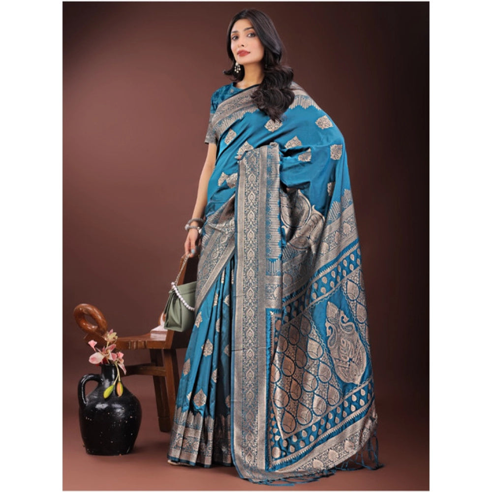 Women'S Silk Printed Saree With Unstitched Blouse 5.5Mtr (Teal