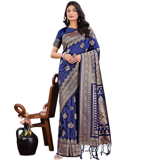 Women'S Silk Printed Saree With Unstitched Blouse 5.5Mtr (Navy