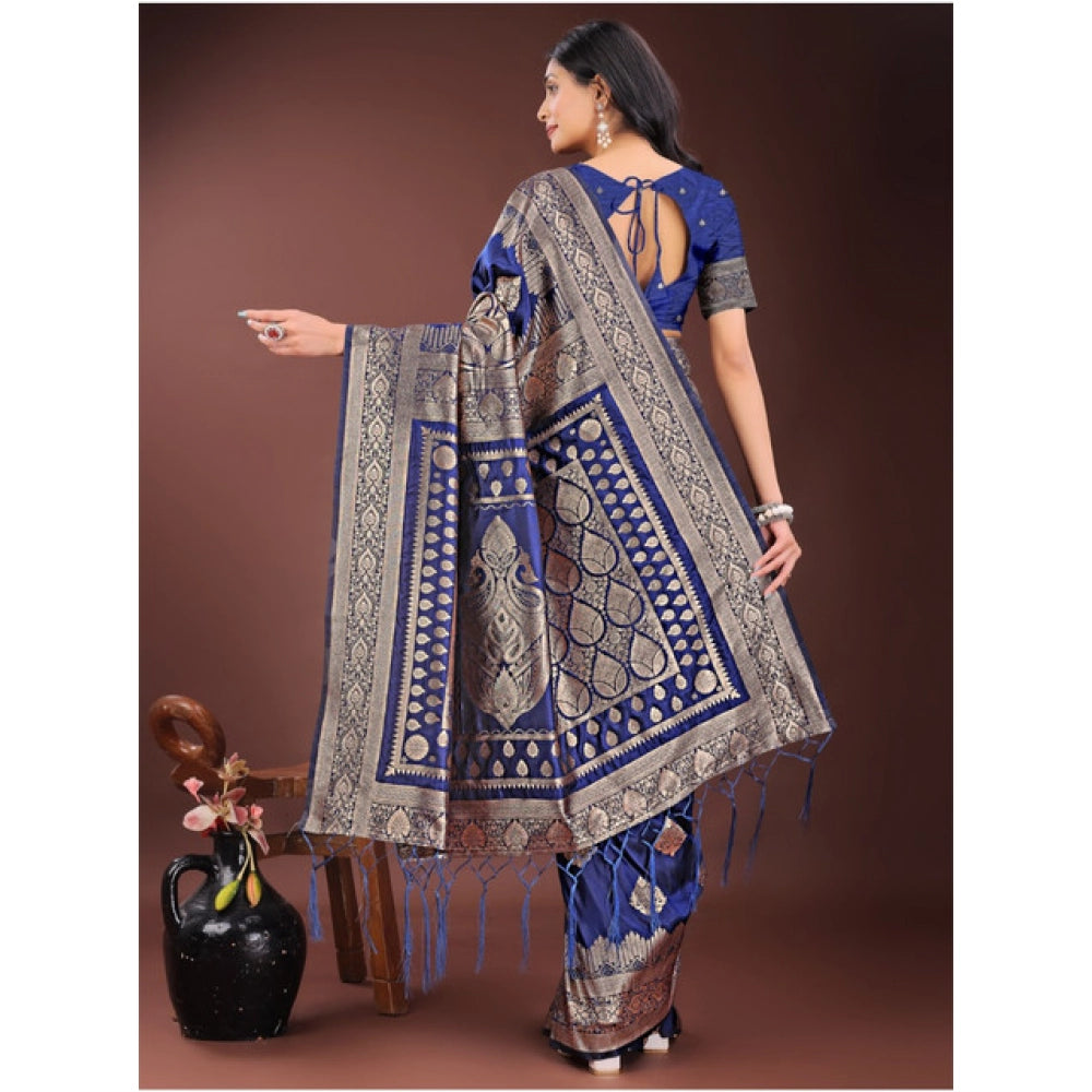 Women'S Silk Printed Saree With Unstitched Blouse 5.5Mtr (Navy