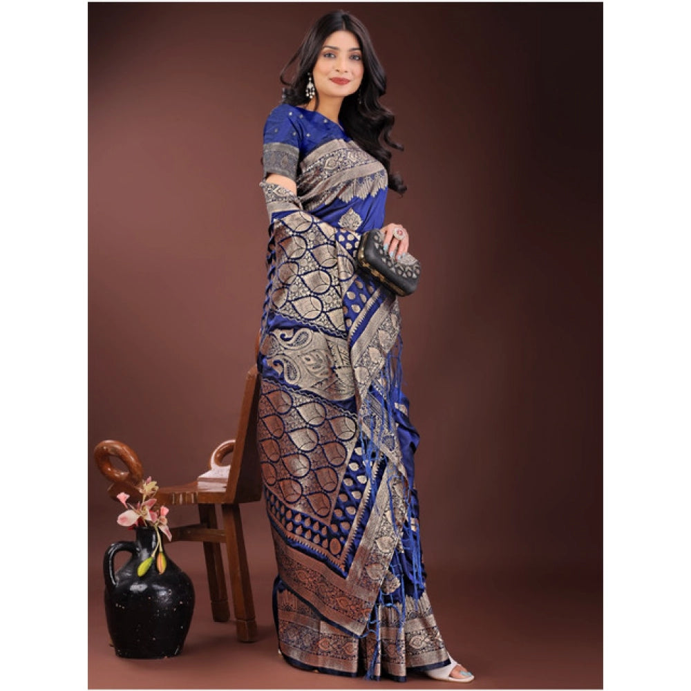 Women'S Silk Printed Saree With Unstitched Blouse 5.5Mtr (Navy
