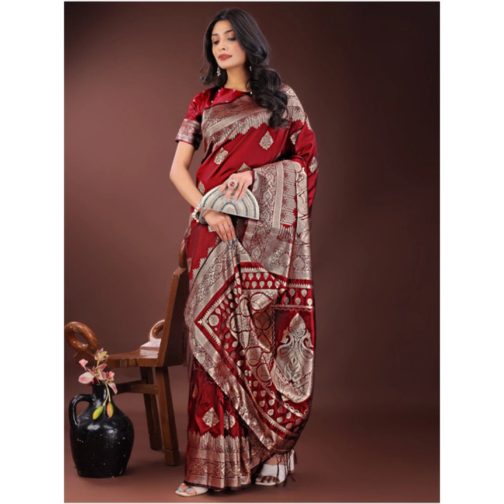Women'S Silk Printed Saree With Unstitched Blouse 5.5Mtr (Maro