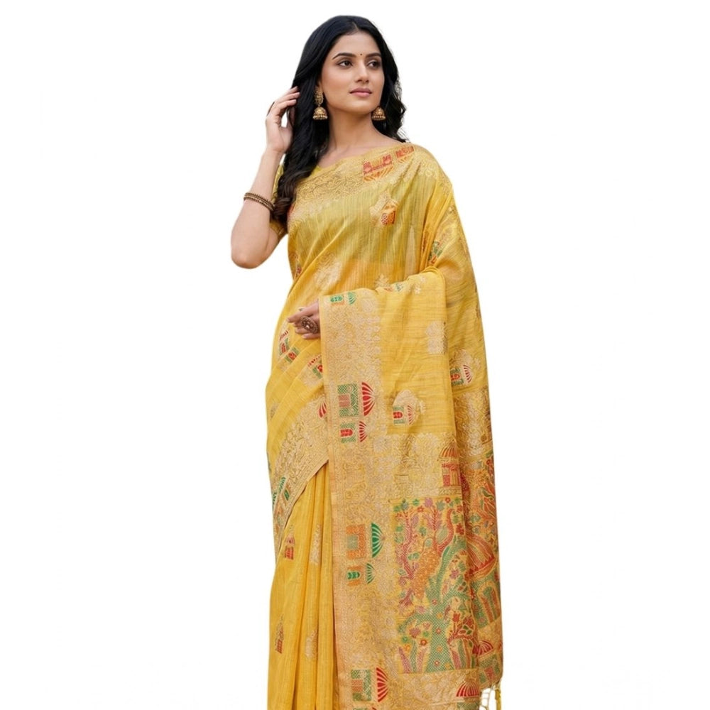 Women's Linen Cotton Printed Saree With Unstitched Blouse 5.5Mtr (Yellow) - VANSHELLE