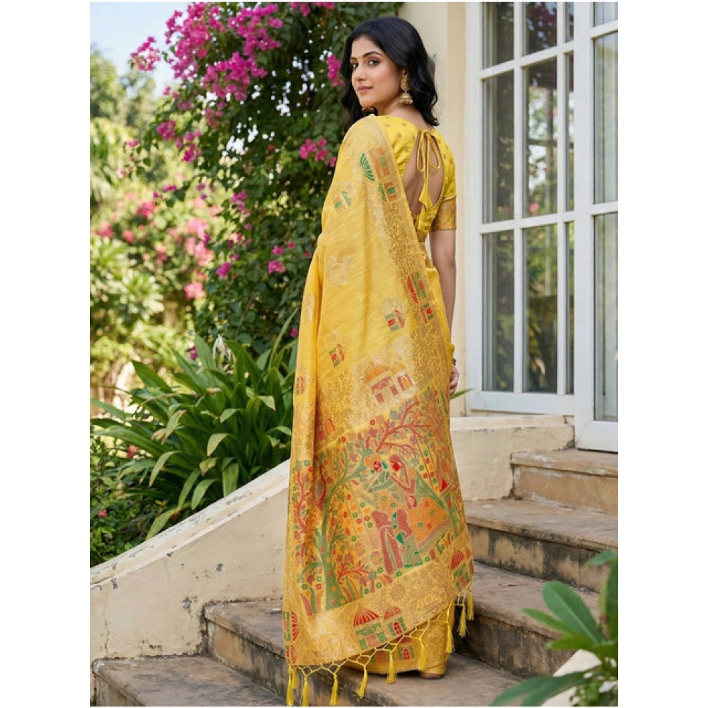 Women's Linen Cotton Printed Saree With Unstitched Blouse 5.5Mtr (Yellow) - VANSHELLE