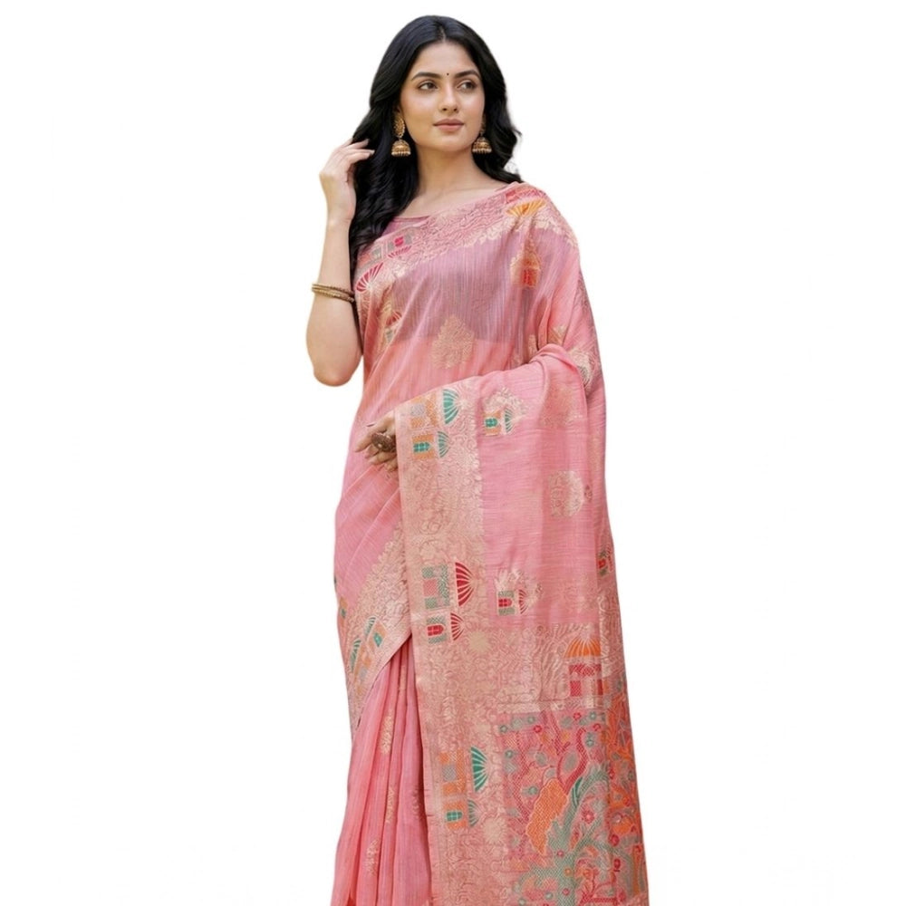Women's Linen Cotton Printed Saree With Unstitched Blouse 5.5Mtr (Pink) - VANSHELLE
