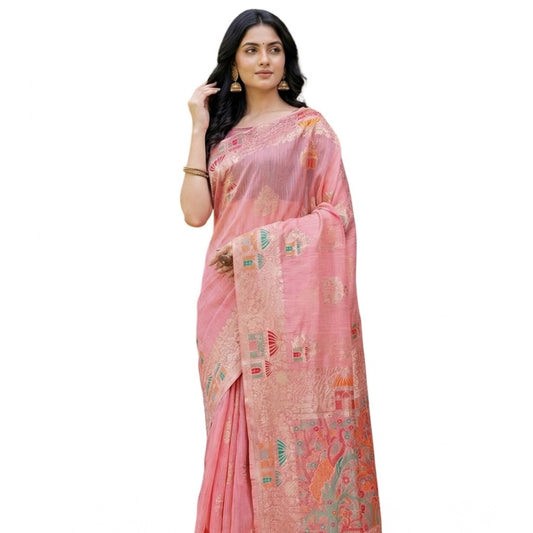 Women's Linen Cotton Printed Saree With Unstitched Blouse 5.5Mtr (Pink) - VANSHELLE