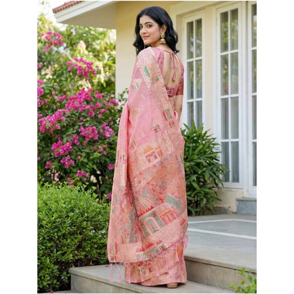 Women's Linen Cotton Printed Saree With Unstitched Blouse 5.5Mtr (Pink) - VANSHELLE