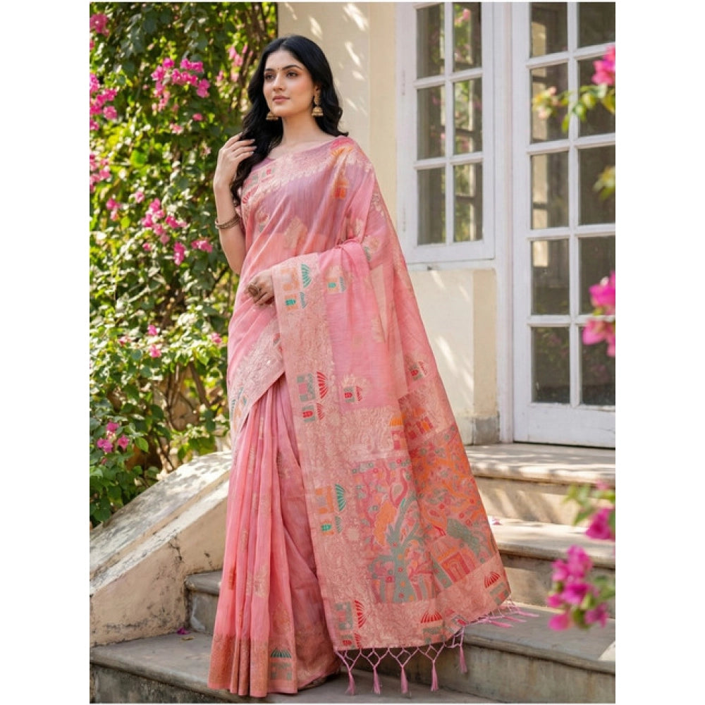 Women's Linen Cotton Printed Saree With Unstitched Blouse 5.5Mtr (Pink) - VANSHELLE
