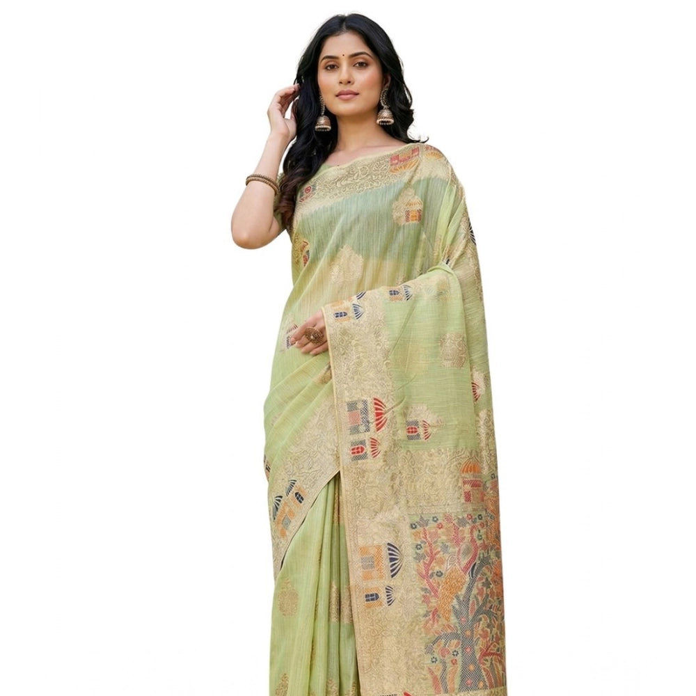 Women's Linen Cotton Printed Saree With Unstitched Blouse 5.5Mtr (Light Green) - VANSHELLE