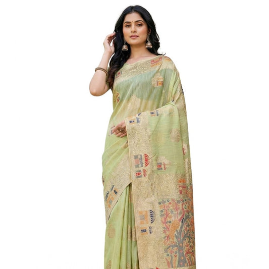 Women's Linen Cotton Printed Saree With Unstitched Blouse 5.5Mtr (Light Green) - VANSHELLE